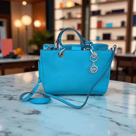 Michael Kors Cynthia Saffiano Leather Satchel  Title Blue (New) - Picture 4 of 15